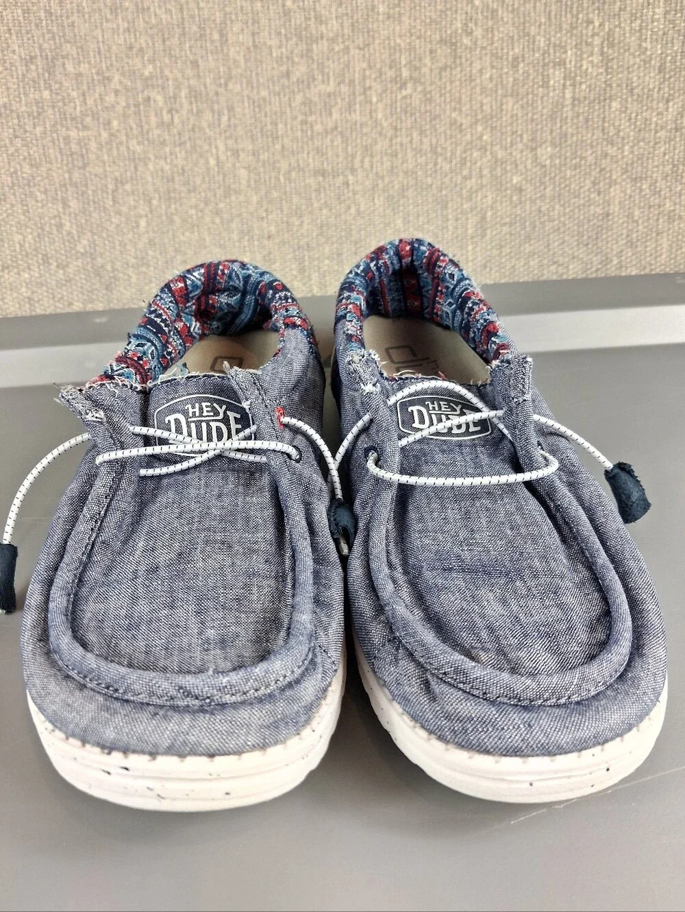 Hey Dude Wally Funk Jacquard Tribe Blue Canvas Slip On Loafers Mens 9 Womens 11